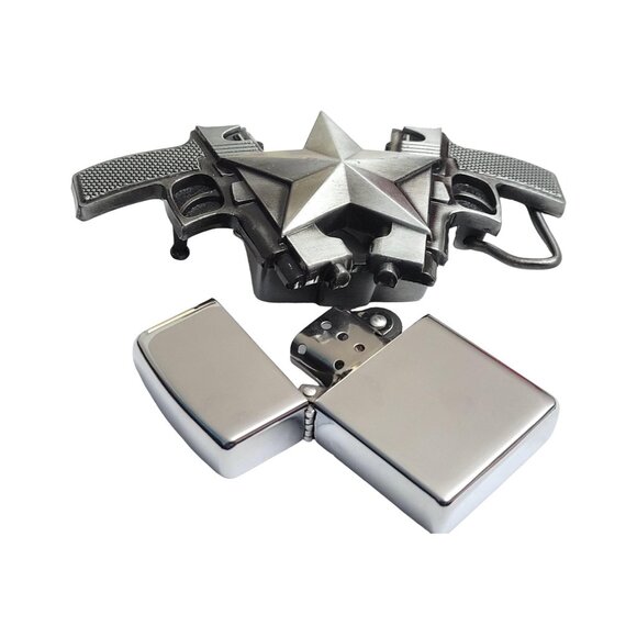 Dual Guns Vintage Silver Metal Lighter Belt Buckle - Free Engraving On Lighter - Picture 6 of 10
